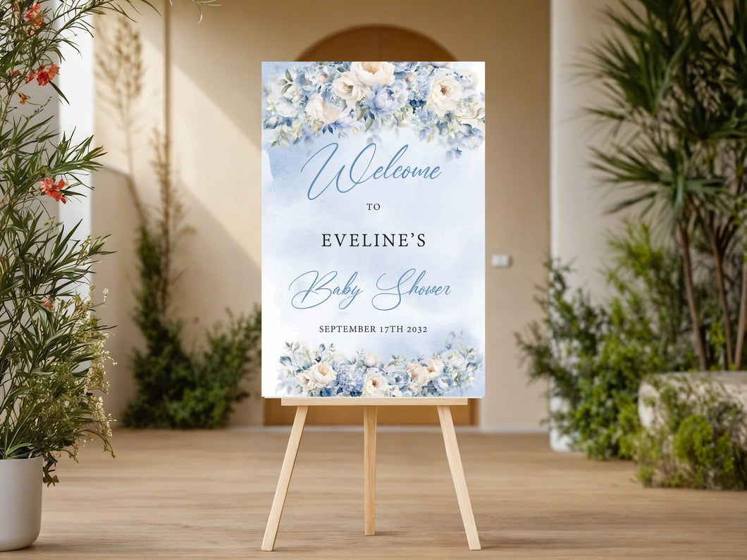 Blue Flowers Baby Shower Sign