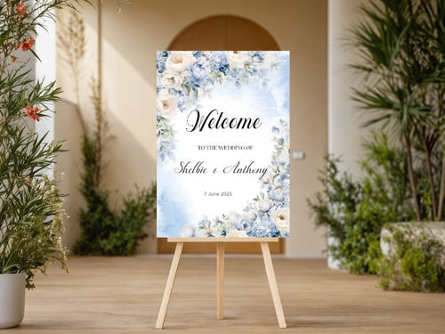 Blue and White Floral Welcome Wedding Sign
