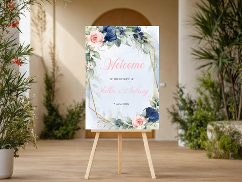 Navy Blue and Blush Pink Floral Welcome Wedding Sign