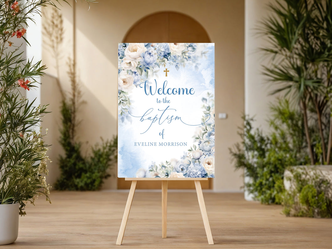 Blue Flowers Baptism Sign