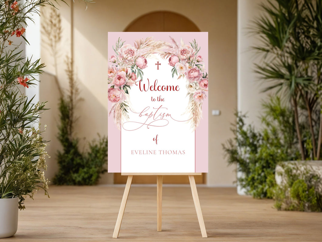 Rose Gold Flowers Pampas Baptism Sign