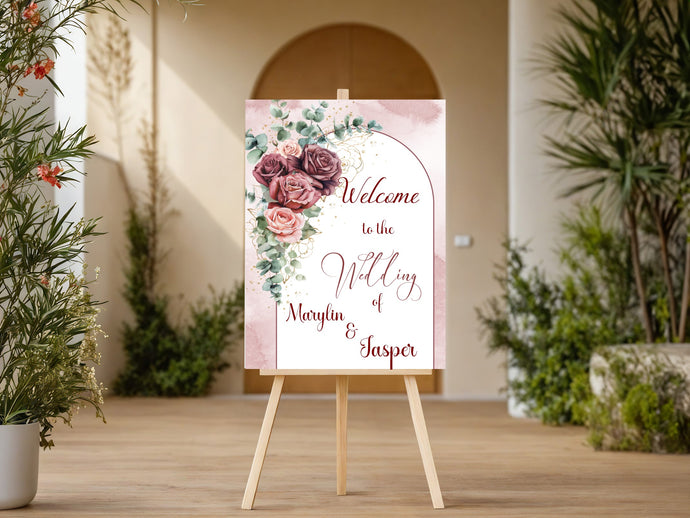Boho Arch Dark Maroon Blush Roses  Welcome Wedding Sign